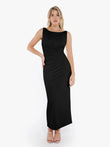 Black boatneck sculpting maxi dress with ruched waist detail