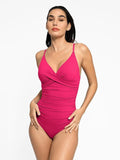 Popilush® Tummy Control Slimming Swimwear Ruched V-Neck One-Piece / Hibiscus Pink / S Shapewear Body-Sculpting Swimsuits