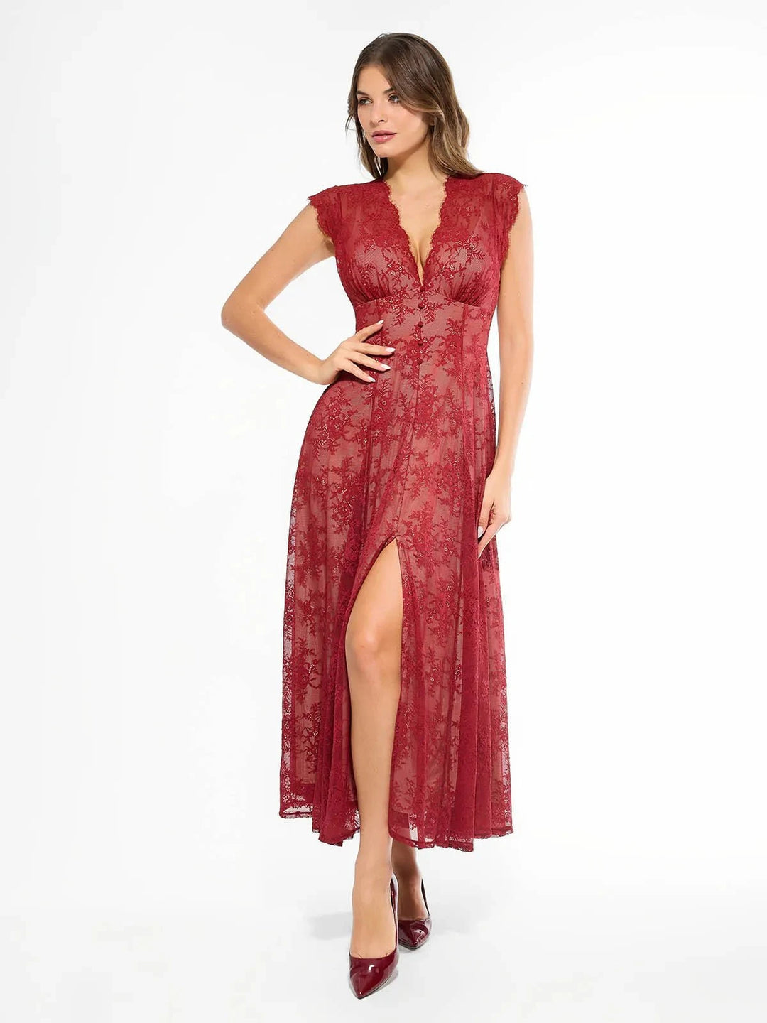 Boho Floral Lace Shapewear Maxi Dress | Front Slit A-Line Popilush Boho Floral Lace Shapewear Maxi Dress | Front Slit A-Line Popilush