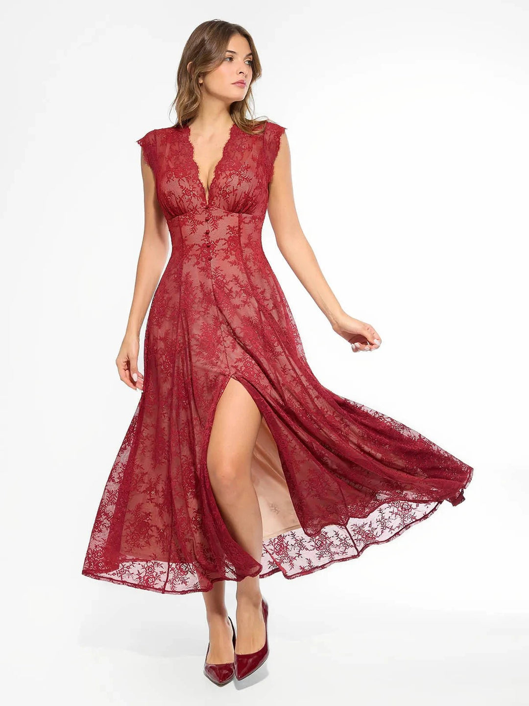 Popilush® Shapewear Boho Floral Lace Front Slit Maxi Dress