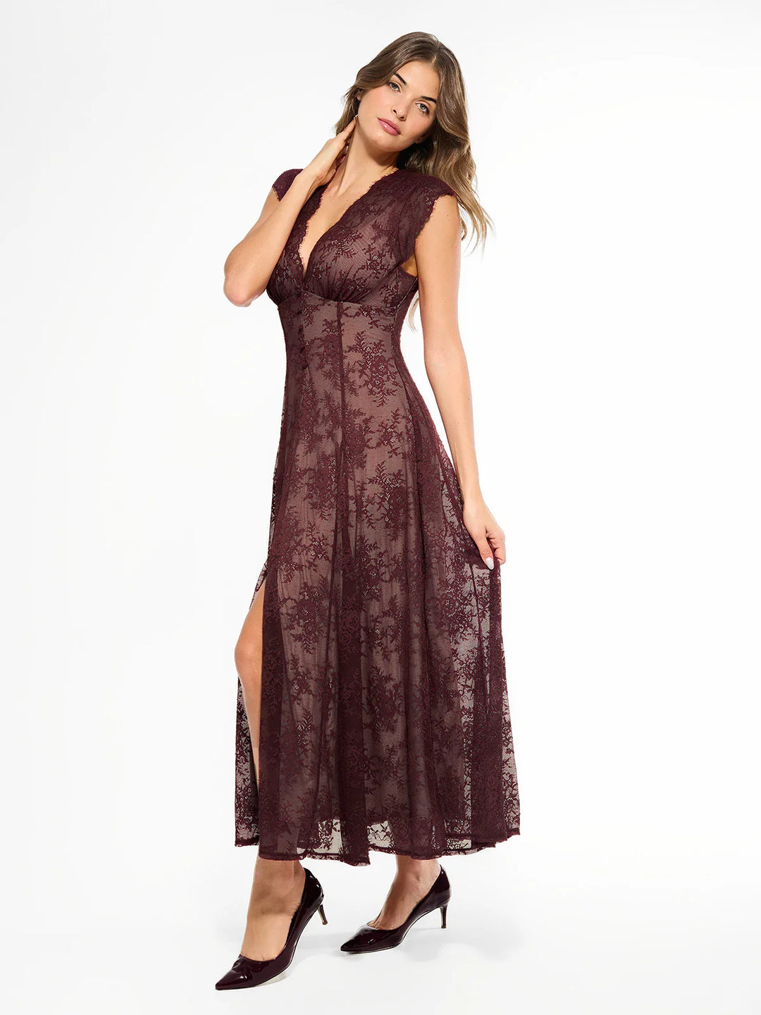 Popilush® Shapewear Boho Floral Lace Front Slit Maxi Dress