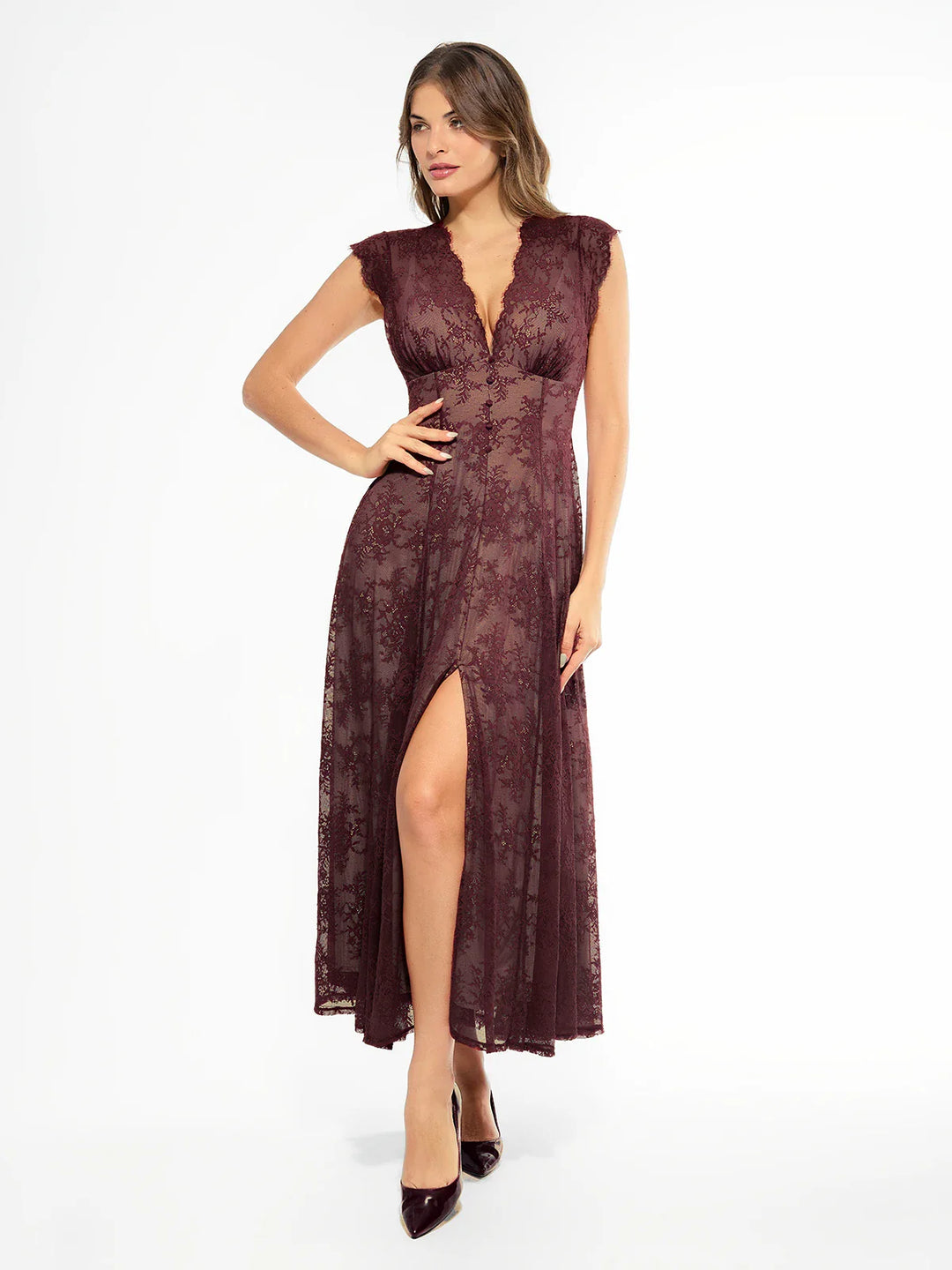 Popilush® Brick Red / XS Shapewear Boho Floral Lace Front Slit Maxi Dress