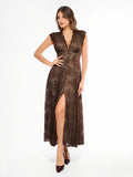 Popilush® Brown / XS Shapewear Boho Floral Lace Front Slit Maxi Dress