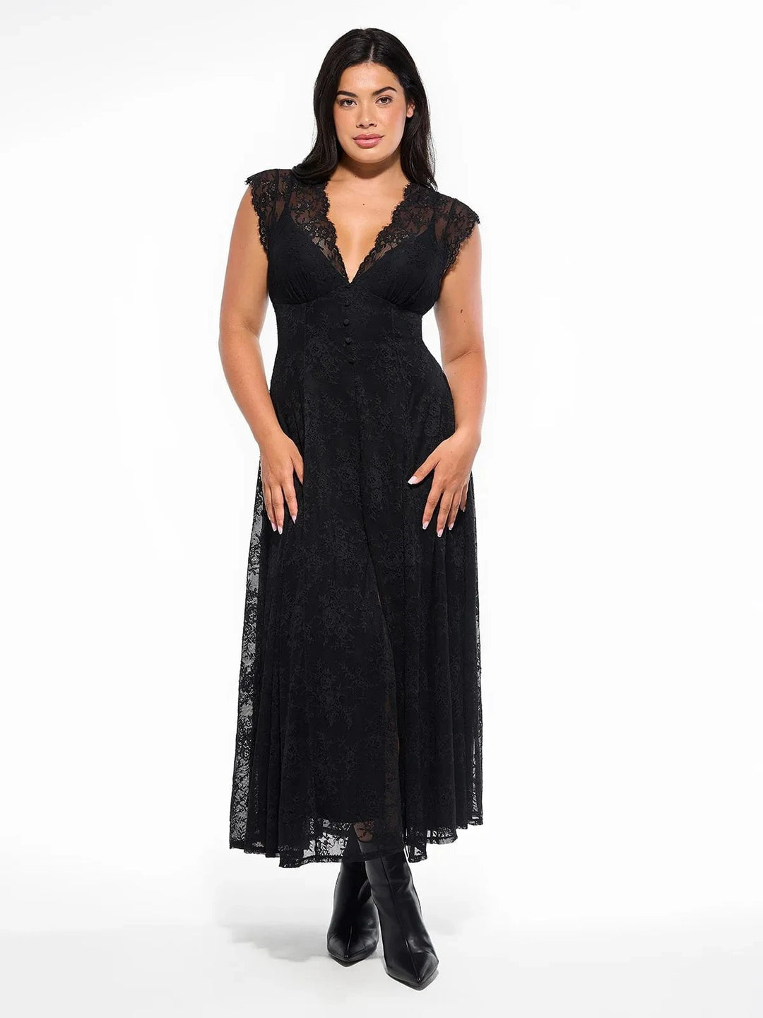 Boho Floral Lace Shapewear Maxi Dress | Front Slit A-Line Popilush Boho Floral Lace Shapewear Maxi Dress | Front Slit A-Line Popilush