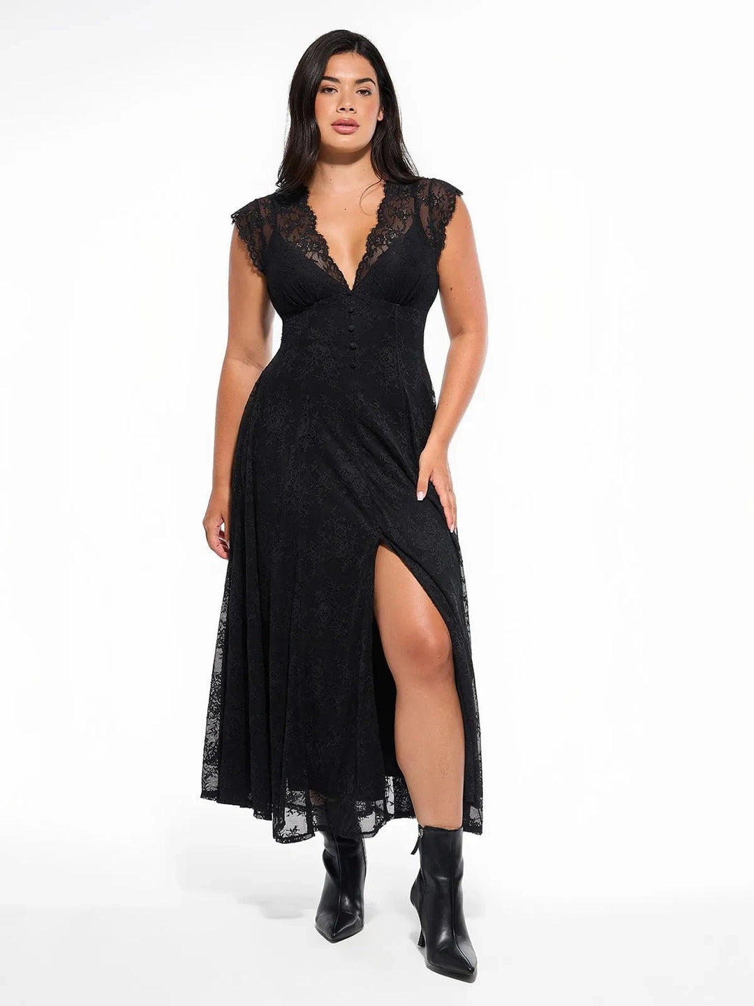 Boho Floral Lace Shapewear Maxi Dress | Front Slit A-Line Popilush Boho Floral Lace Shapewear Maxi Dress | Front Slit A-Line Popilush