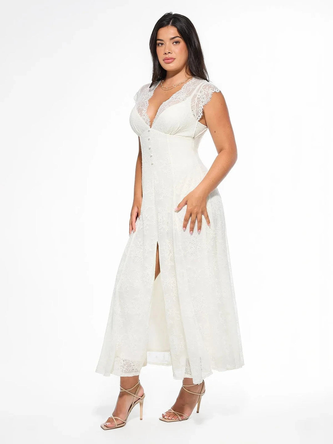 Popilush® Shapewear Boho Floral Lace Front Slit Midi Dress