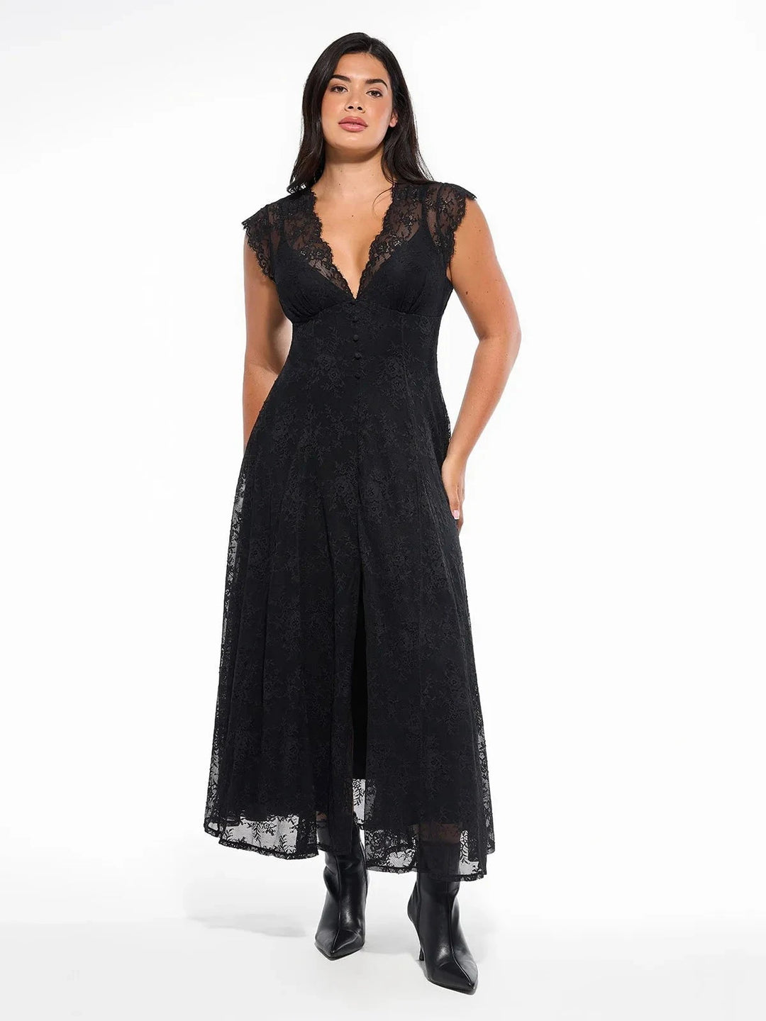 Boho Floral Lace Shapewear Maxi Dress | Front Slit A-Line Popilush Boho Floral Lace Shapewear Maxi Dress | Front Slit A-Line Popilush
