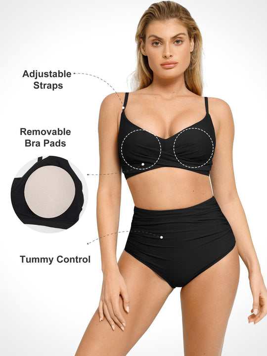 Popilush® Two-piece Swimsuit Shapewear Bust-Enhancing Draped Bikini Top