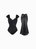 Popilush® Shapewear Cap Sleeve Bodysuit Lace Fishtail Coverup Skirt Set