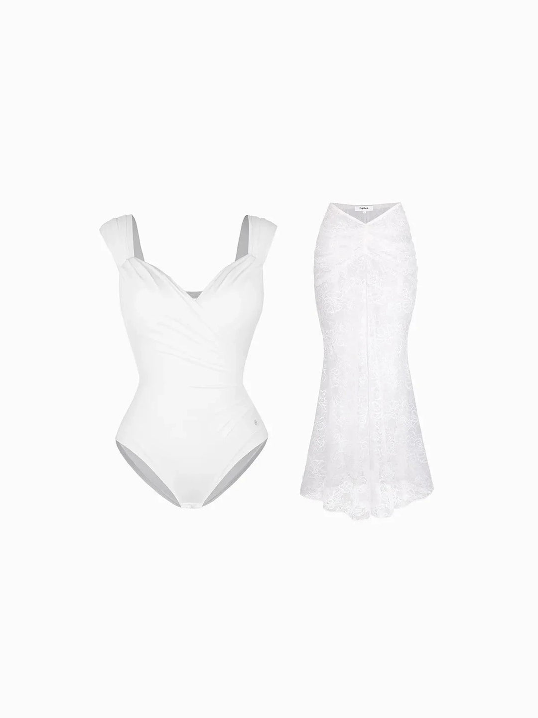 Popilush® Shapewear Cap Sleeve Bodysuit Lace Fishtail Coverup Skirt Set