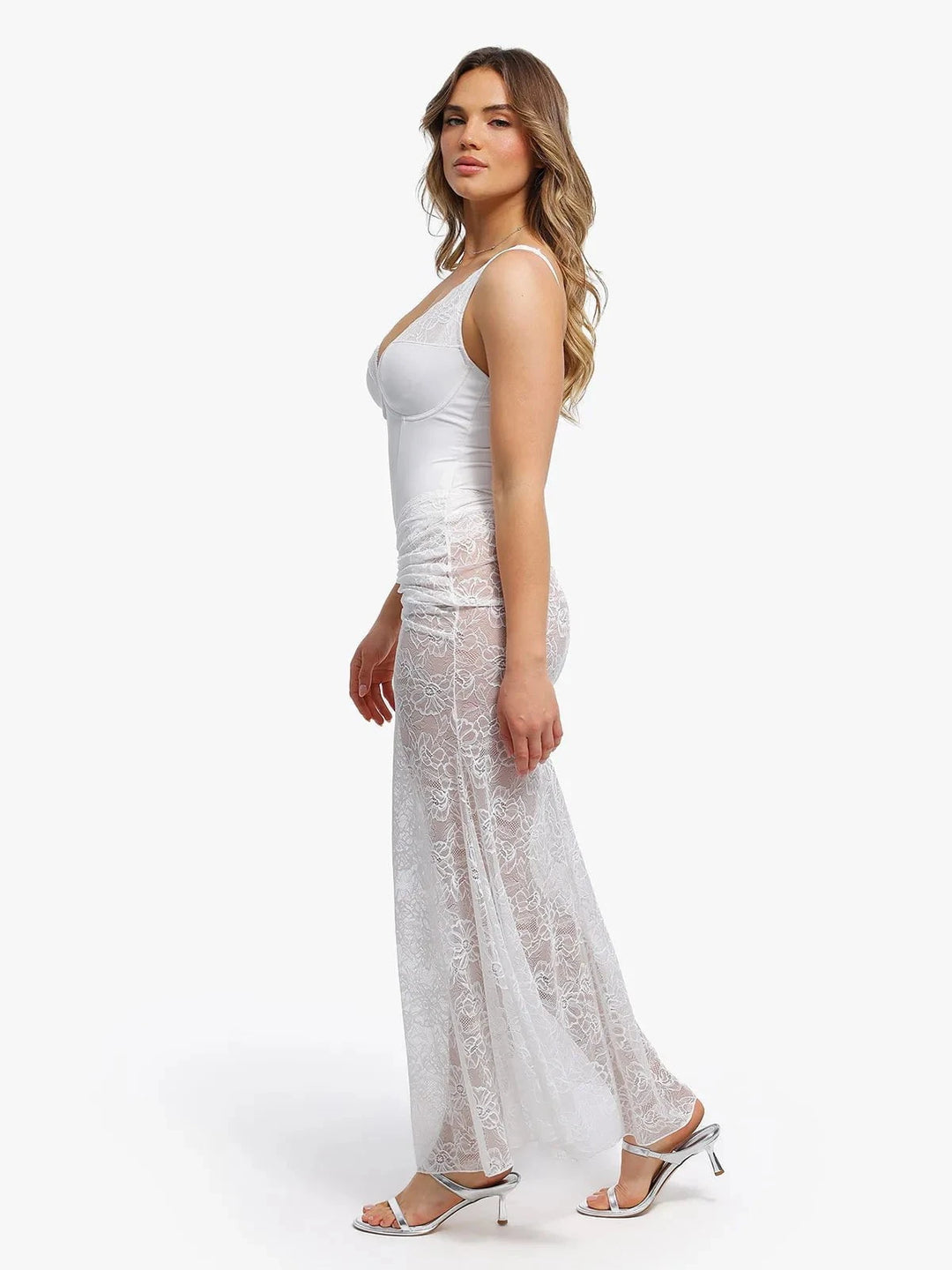 Popilush® Shapewear Cap Sleeve Bodysuit Lace Fishtail Coverup Skirt Set