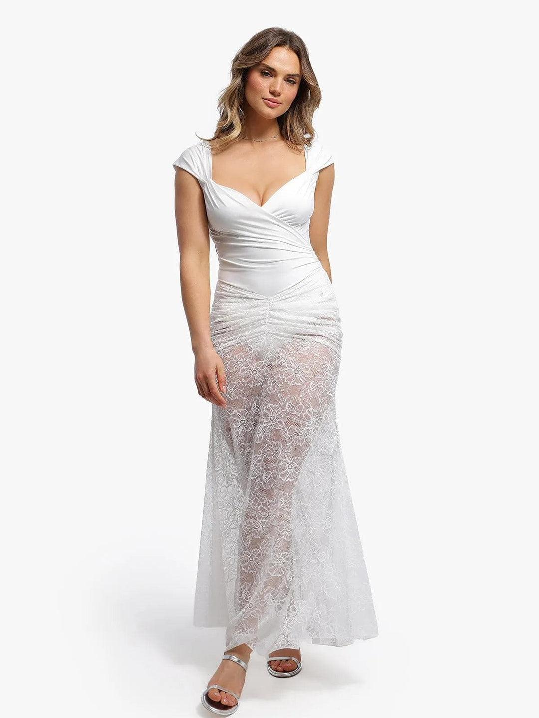 Popilush® Shapewear Cap Sleeve Bodysuit Lace Fishtail Coverup Skirt Set