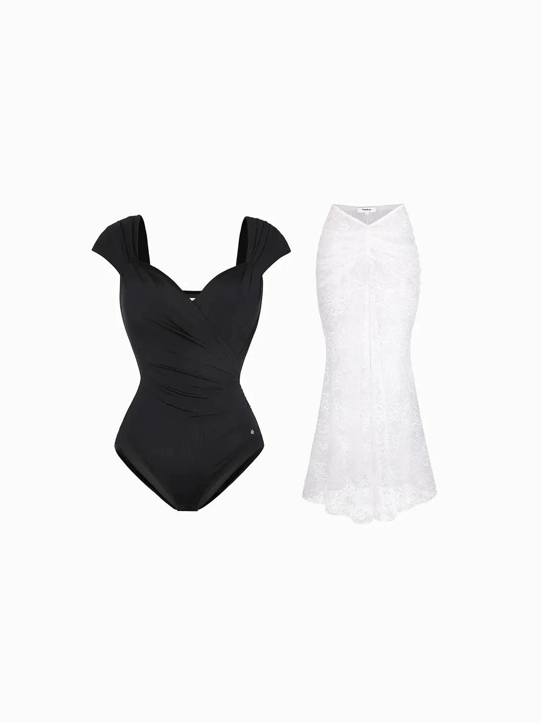 Popilush® Set / Black/White / XS Shapewear Cap Sleeve Bodysuit Lace Fishtail Coverup Skirt Set