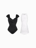 Popilush® Set / Black/White / XS Shapewear Cap Sleeve Bodysuit Lace Fishtail Coverup Skirt Set