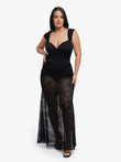 Black shapewear bodysuit with cap sleeves and a sheer lace fishtail skirt.