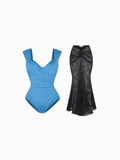 Popilush® Set / Blue/Black / XS Shapewear Cap Sleeve Bodysuit Lace Fishtail Coverup Skirt Set