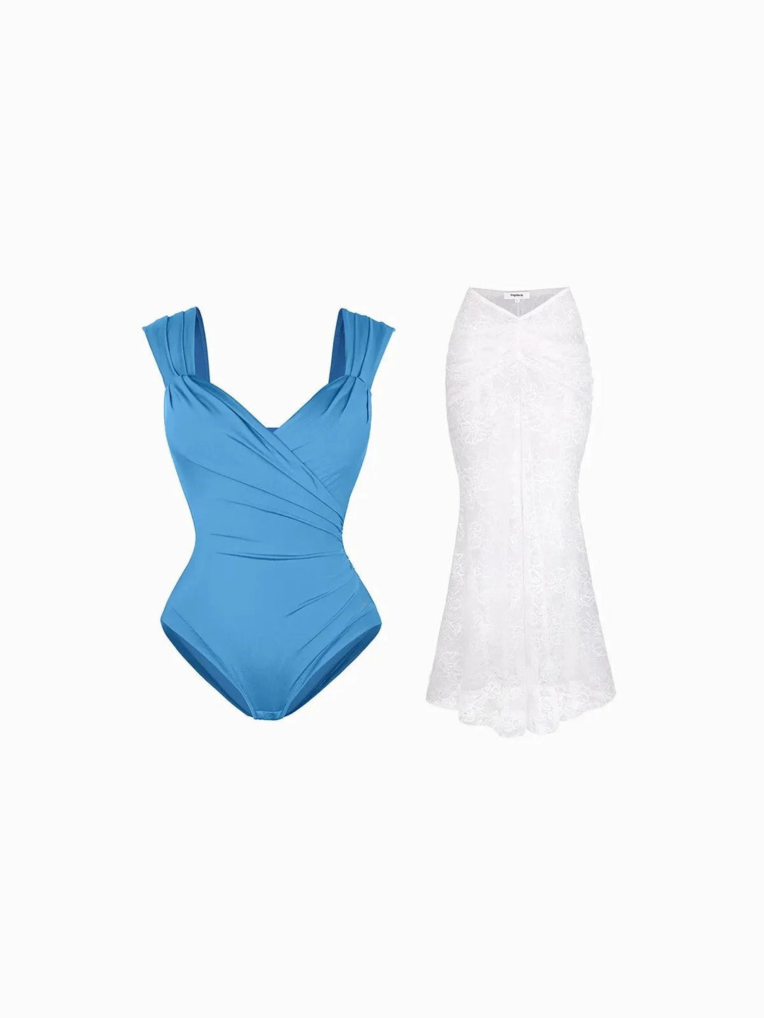 Popilush® Set / Blue/white / XS Shapewear Cap Sleeve Bodysuit Lace Fishtail Coverup Skirt Set