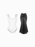 Popilush® Set / White/Black / XS Shapewear Cap Sleeve Bodysuit Lace Fishtail Coverup Skirt Set