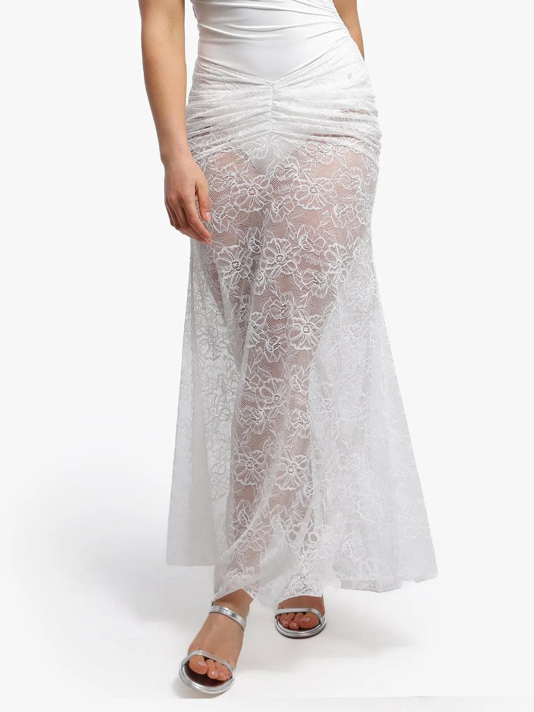 Popilush® Skirt / White / XS Shapewear Cap Sleeve Bodysuit Lace Fishtail Coverup Skirt Set