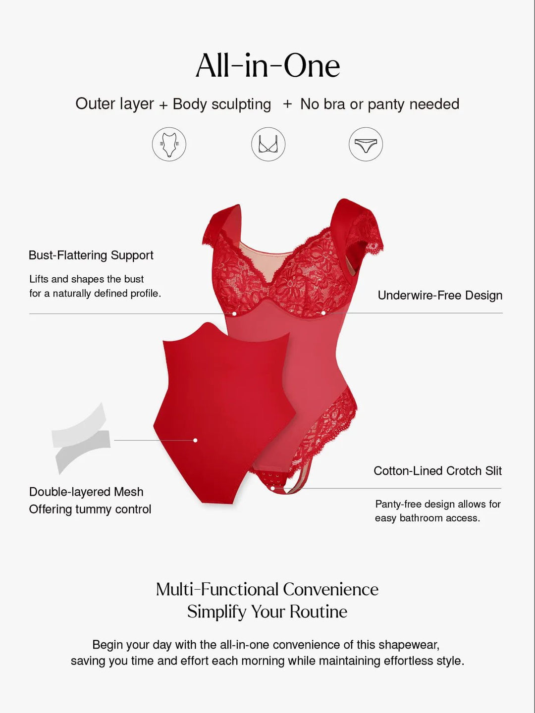 Body de encaje con mangas cortas y escote en V profundo moldeador