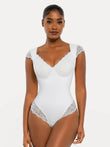 White Popilush cap sleeve bodysuit with lace bust and side panels, shaping bodysuit.