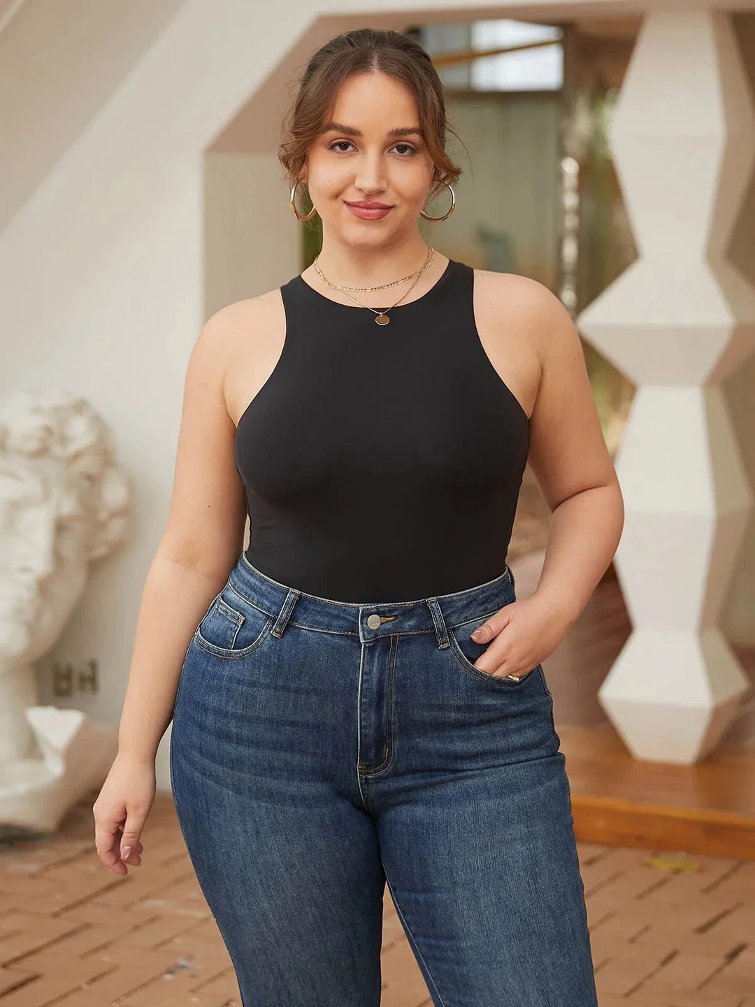 Popilush® Soft Comfy Tops Body Shaper Shapewear Cloudsense Sleeveless Cutaway Round Neck Bodysuit