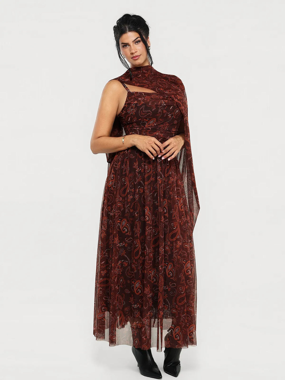 Popilush® Brown Paisley / XS Shapewear Cowl Neck Draped Maxi Dress with Shawl Wrap