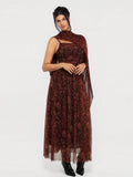 Popilush® Brown Paisley / XS Shapewear Cowl Neck Draped Maxi Dress with Shawl Wrap