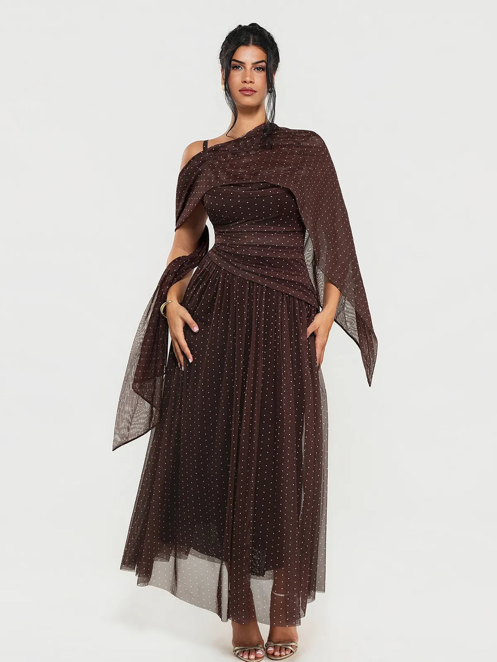 Popilush® Brown Polka Dot / XS Shapewear Cowl Neck Draped Maxi Dress with Shawl Wrap