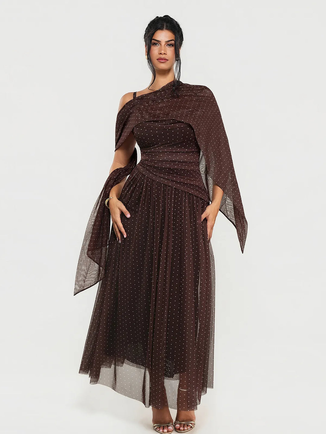 Popilush® Brown Polka Dot / XS Shapewear Cowl Neck Draped Maxi Dress with Shawl Wrap