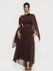 Popilush® Brown Polka Dot / XS Shapewear Cowl Neck Draped Maxi Dress with Shawl Wrap