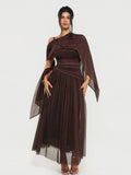 Popilush® Brown Polka Dot / XS Shapewear Cowl Neck Draped Maxi Dress with Shawl Wrap