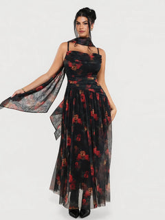 Popilush® Burgundy Floral / XS Shapewear Cowl Neck Draped Maxi Dress with Shawl Wrap