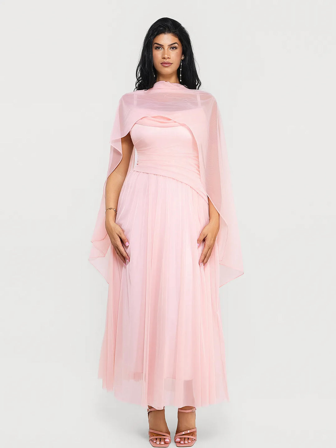 Popilush® Pink / XS Shapewear Cowl Neck Draped Maxi Dress with Shawl Wrap