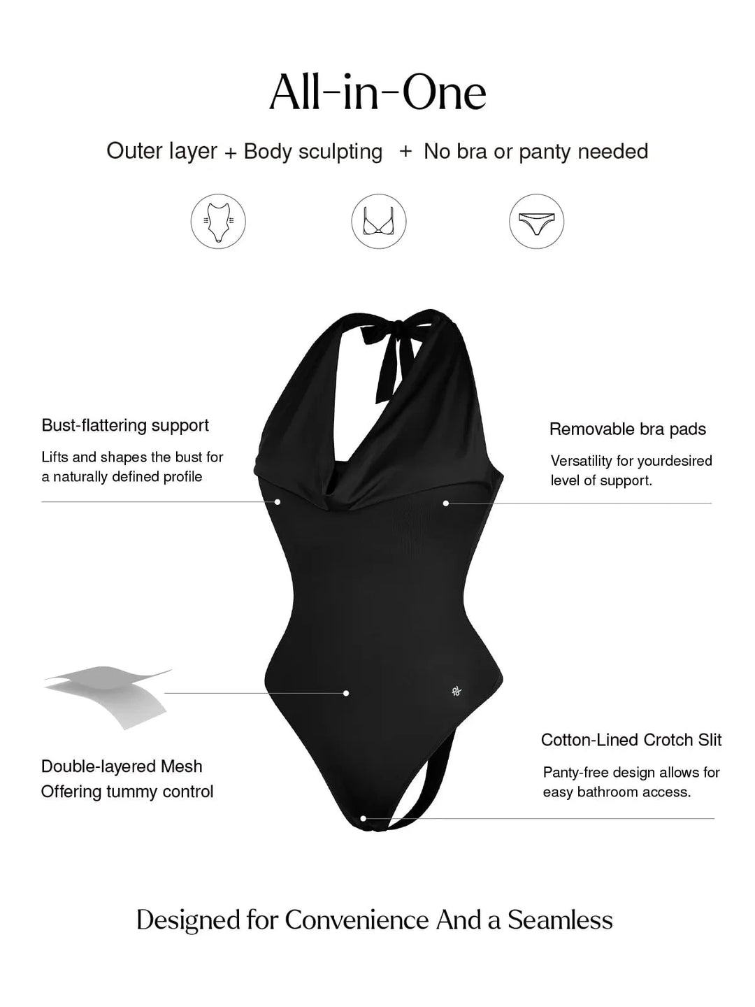 Popilush® Shapewear Cowl Neck Halter Tummy Control Bodysuit