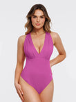 Shapewear Cross-Front Draped Halter Tummy Control Bodysuit in purple