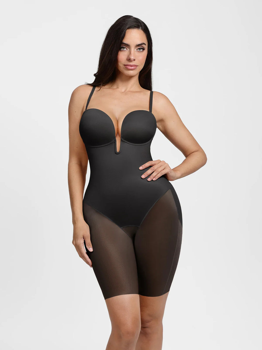 Popilush® Shapewear Deep V Convertible Strap Mid-Thigh Bodysuit