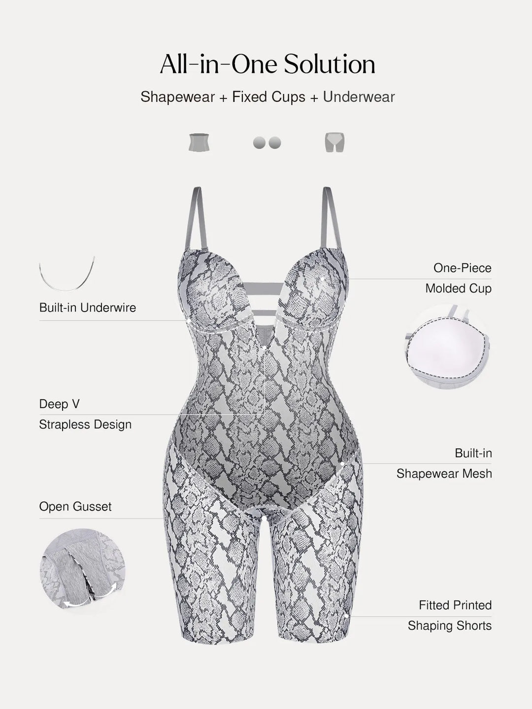 Popilush® Shapewear Deep V Convertible Strap Mid-Thigh Bodysuit