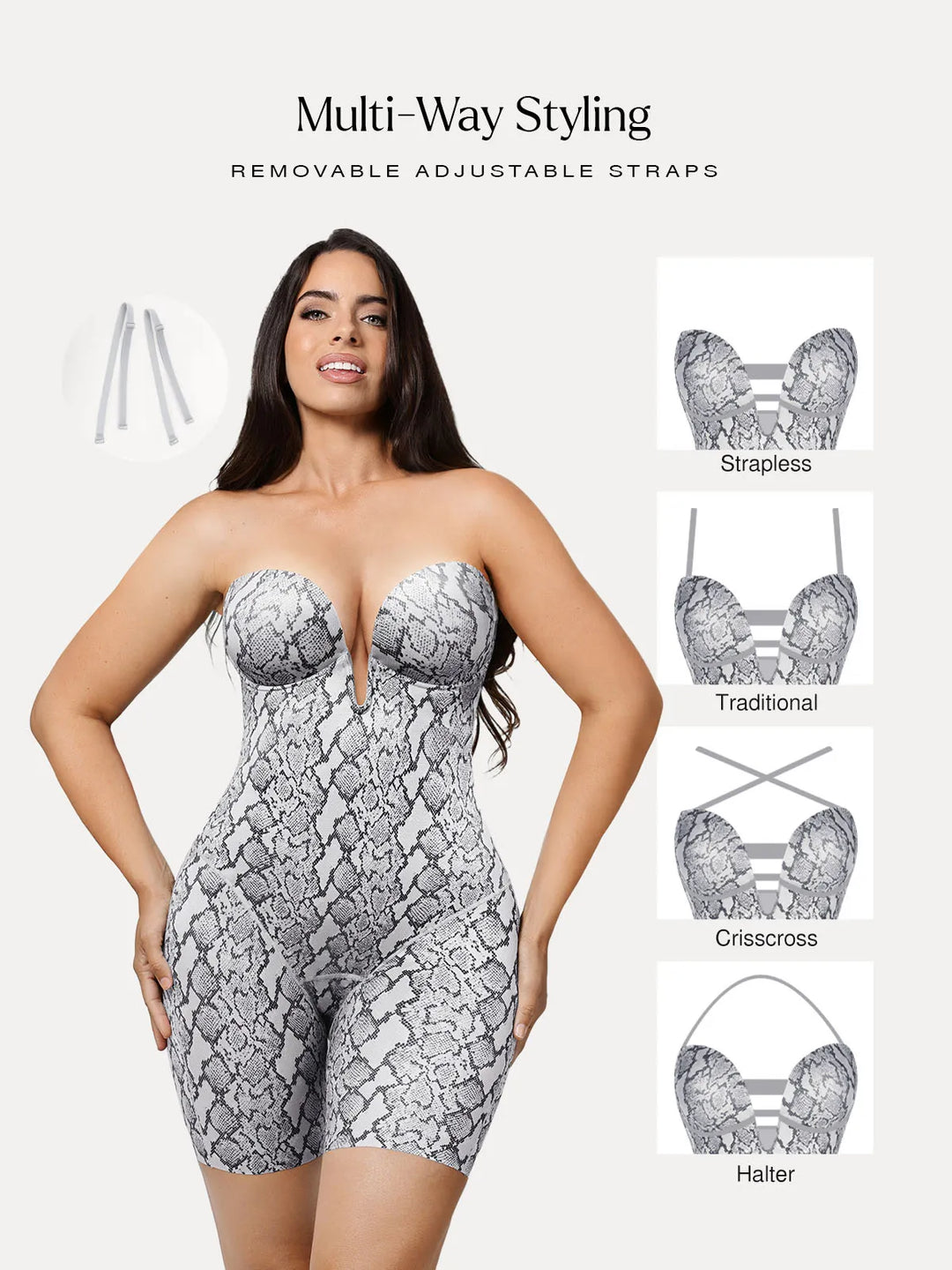 Popilush® Shapewear Deep V Convertible Strap Mid-Thigh Bodysuit
