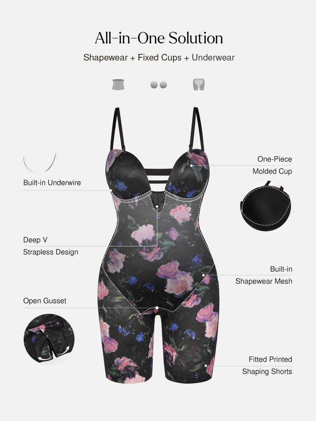 Popilush® Shapewear Deep V Convertible Strap Mid-Thigh Bodysuit