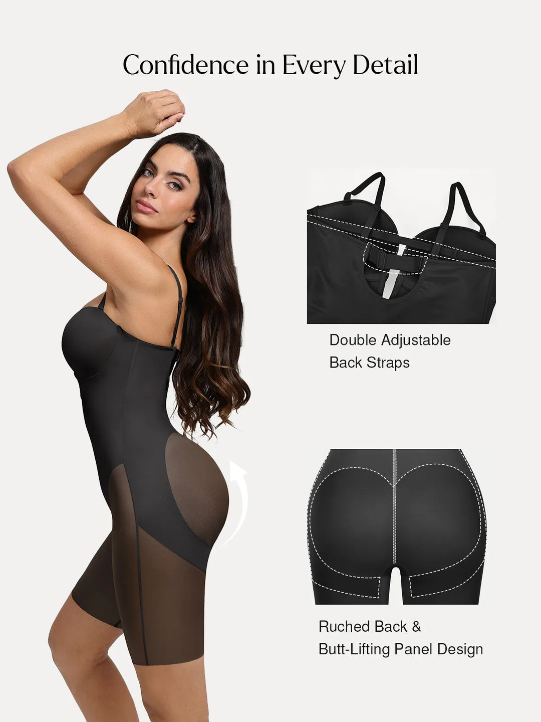 Popilush® Shapewear Deep V Convertible Strap Mid-Thigh Bodysuit