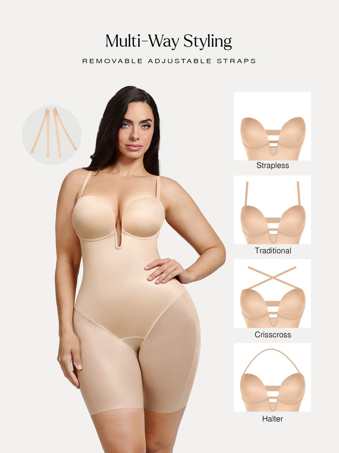 Popilush® Shapewear Deep V Convertible Strap Mid-Thigh Bodysuit