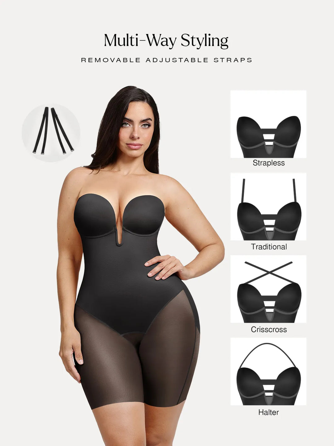 Popilush® Shapewear Deep V Convertible Strap Mid-Thigh Bodysuit