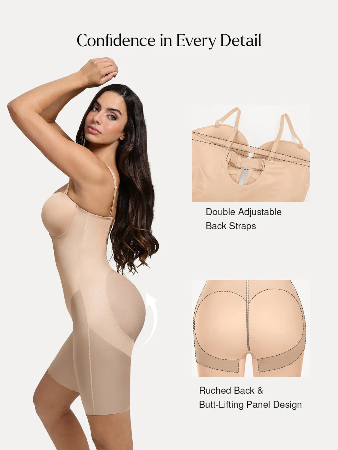 Popilush® Shapewear Deep V Convertible Strap Mid-Thigh Bodysuit