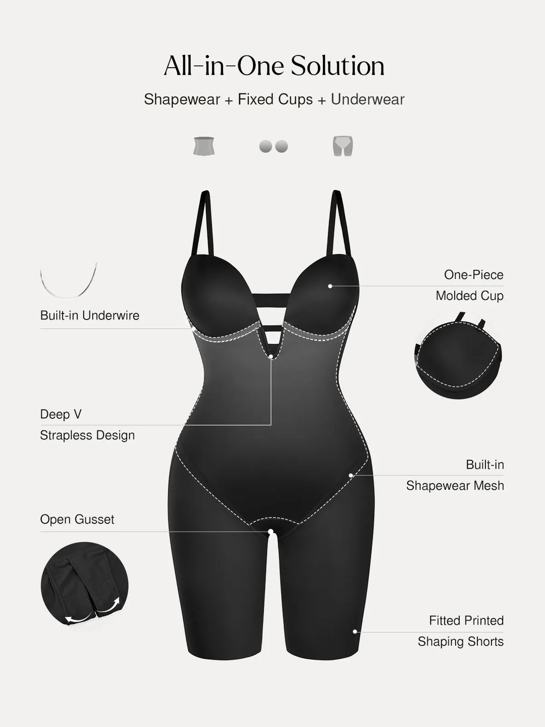 Popilush® Shapewear Deep V Convertible Strap Mid-Thigh Bodysuit