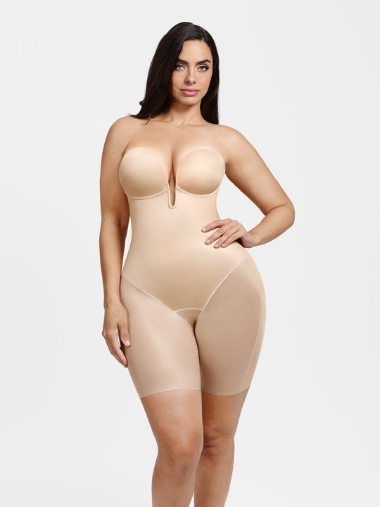 Shapewear Deep V Convertible Strap Mid-Thigh Bodysuit