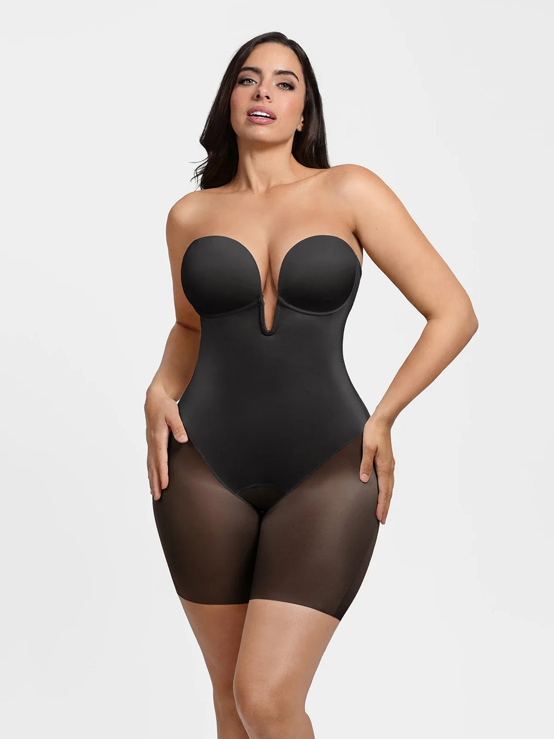 Popilush® Shapewear Deep V Convertible Strap Mid-Thigh Bodysuit