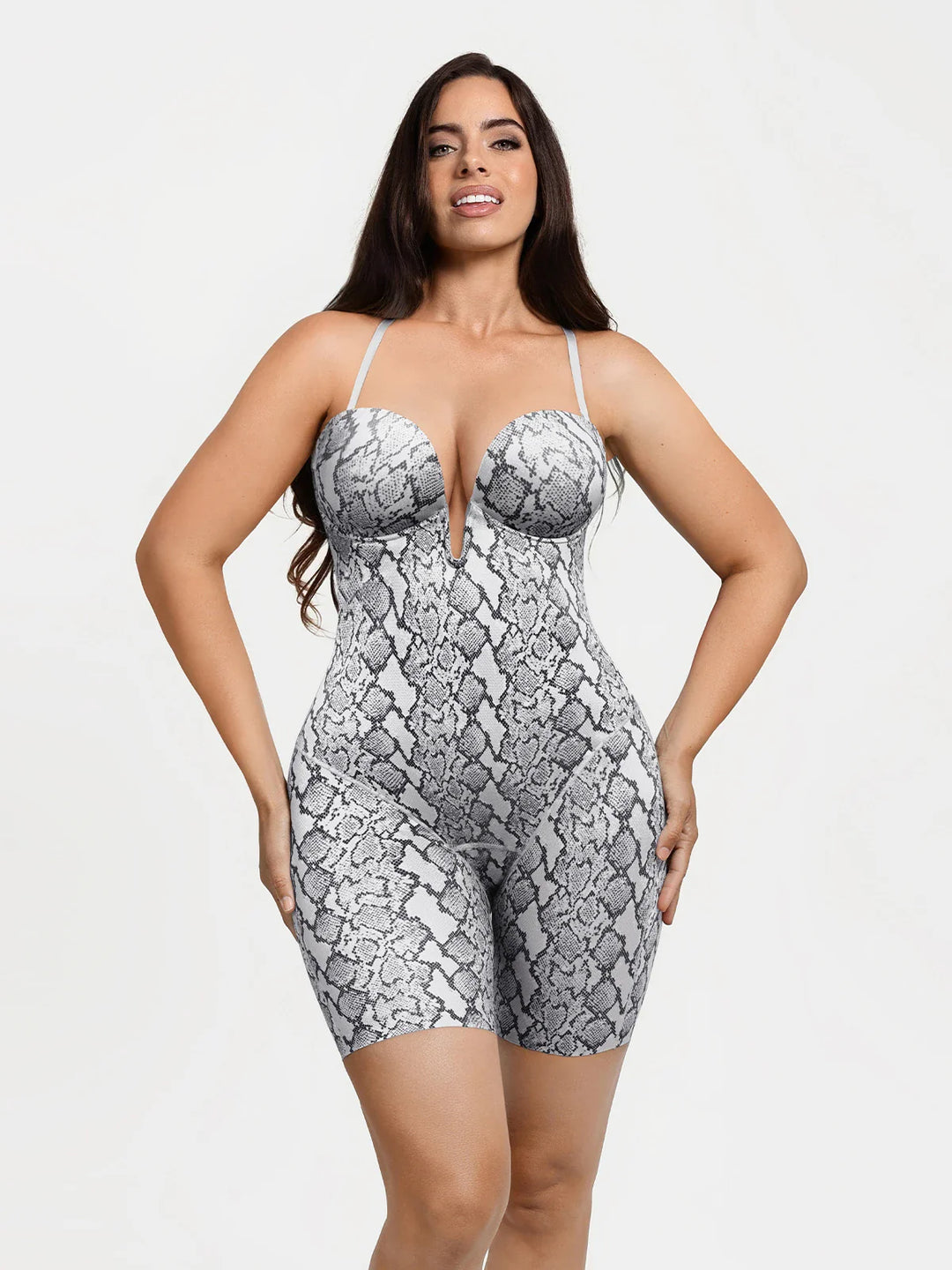 Popilush® Shapewear Deep V Convertible Strap Mid-Thigh Bodysuit