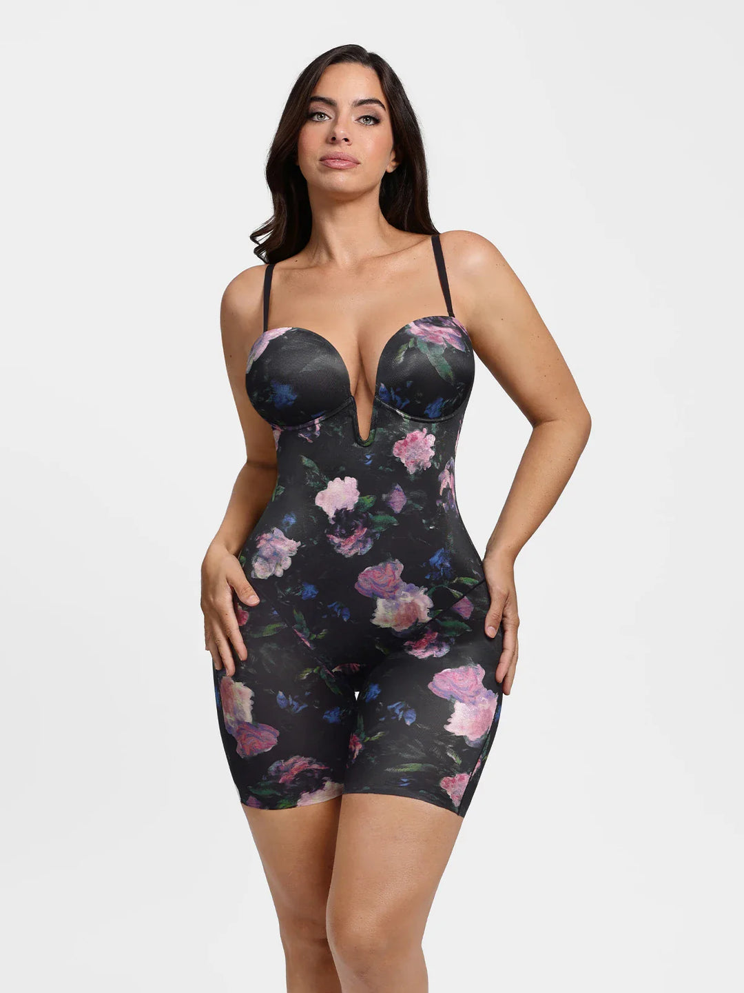Popilush® Shapewear Deep V Convertible Strap Mid-Thigh Bodysuit