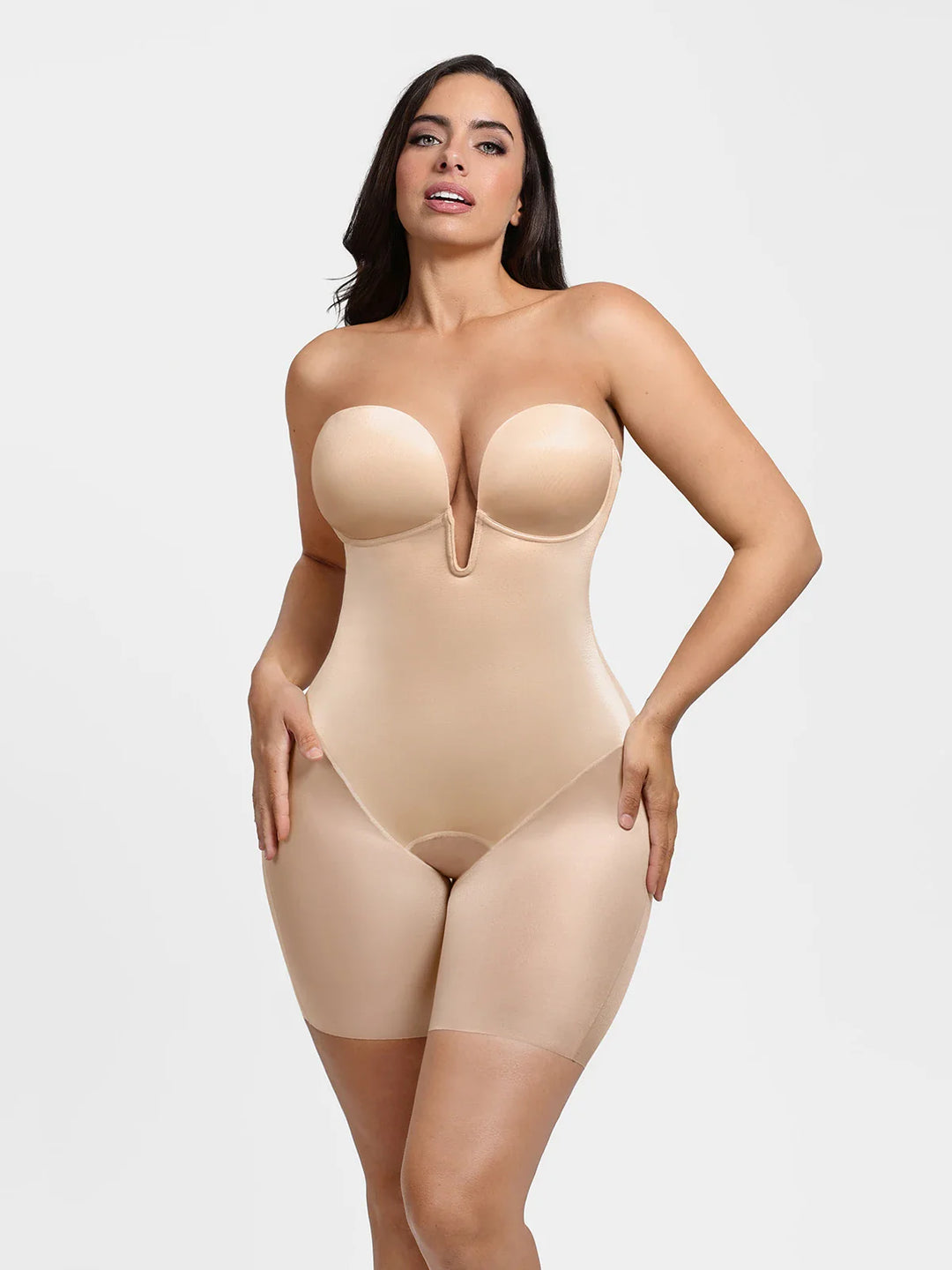 Popilush® Shapewear Deep V Convertible Strap Mid-Thigh Bodysuit